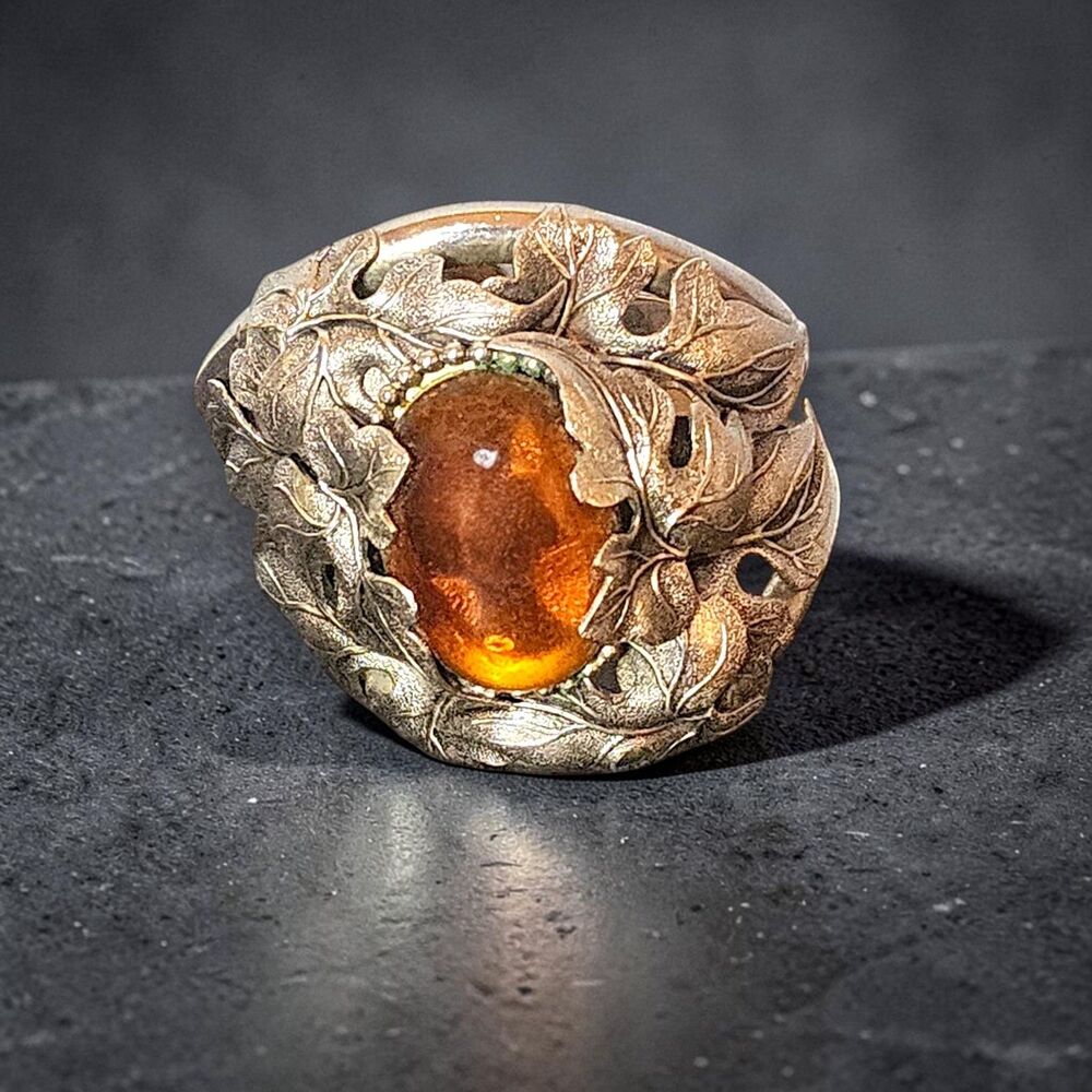 Vintage Estate Silver Tone Hinged Clamp Cuff Bracelet Amber Color Cabochon Leaf
